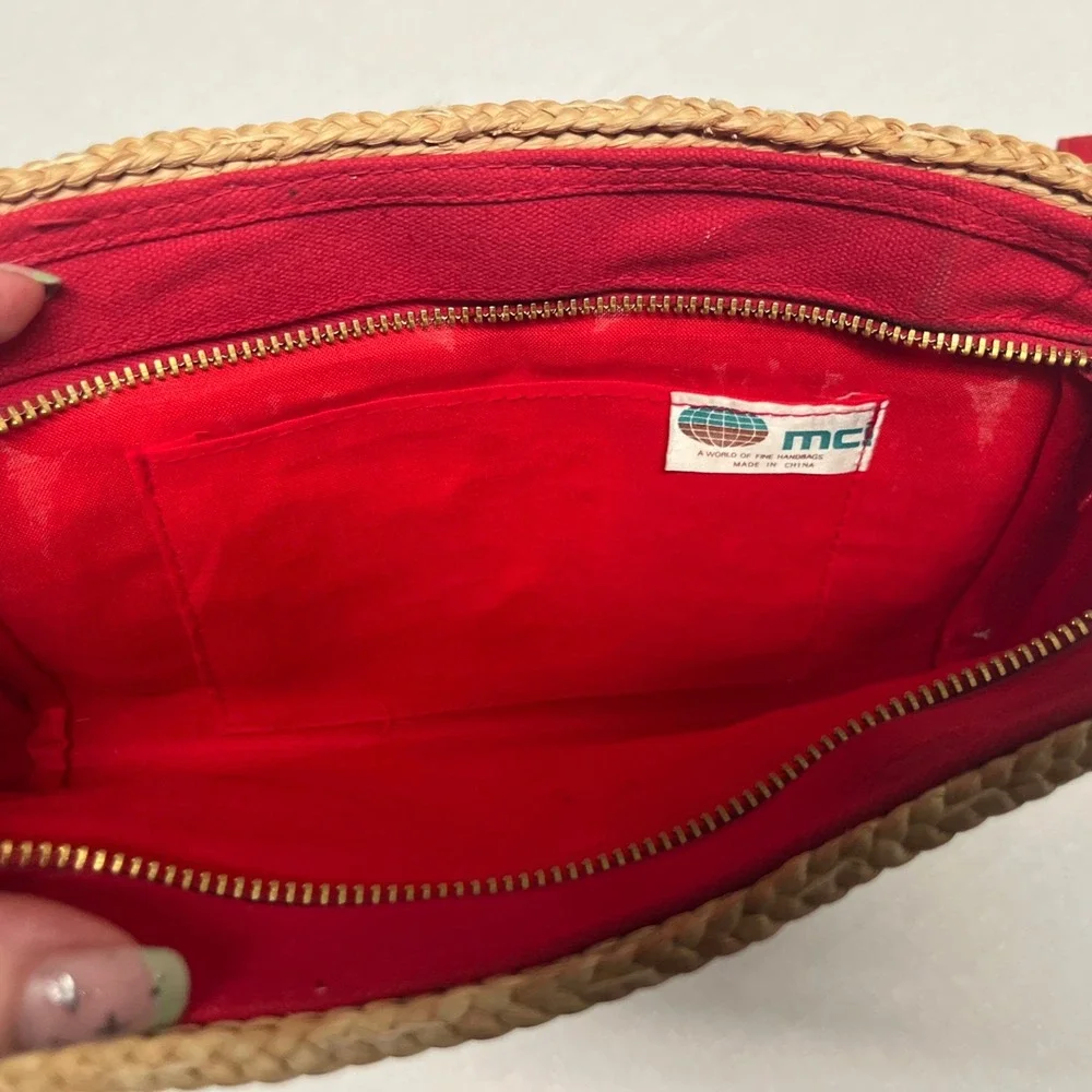 Vintage MCI Straw Clutch Wristlet Red Handwoven Raffia Boho Summer Bag 1970s